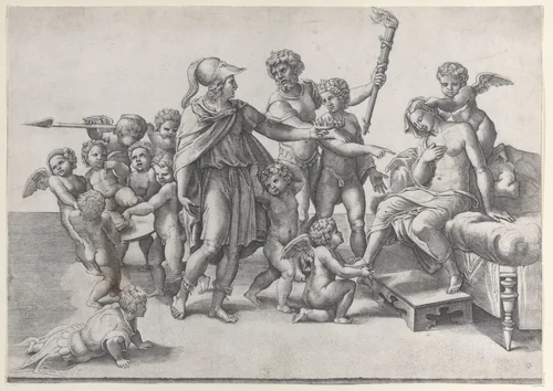 The marriage of Alexander and Roxana; Alexander surrounded by putti, offering a crown to Roxana who is seated at right by Giovanni Jacopo Caraglio, print, 1520-1539