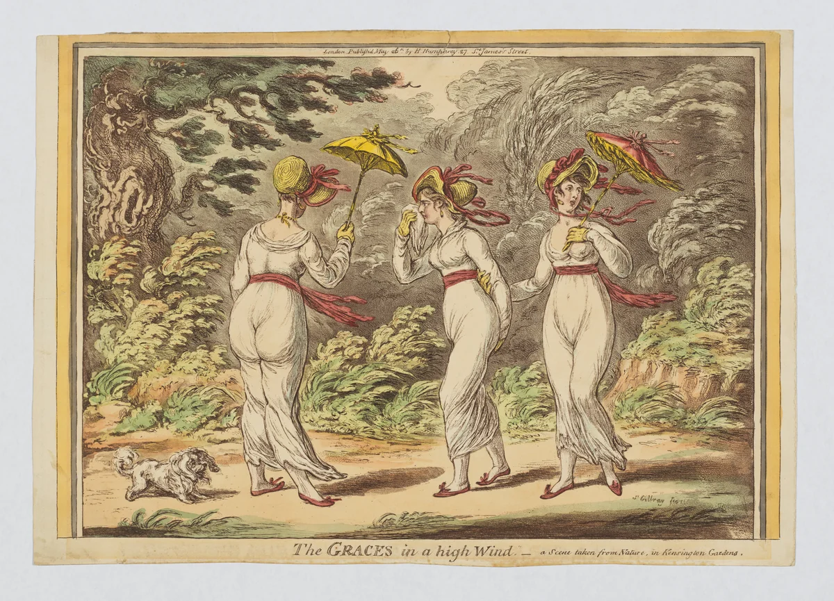 The Graces in a High Wind – a Scene taken from Nature in Kensington Gardens by James Gillray, print, 1810