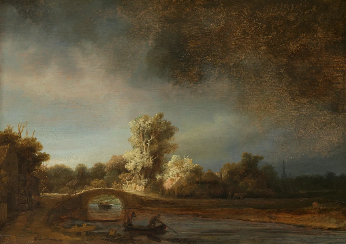 Landscape with a Stone Bridge by Rembrandt van Rijn, painting, 1638