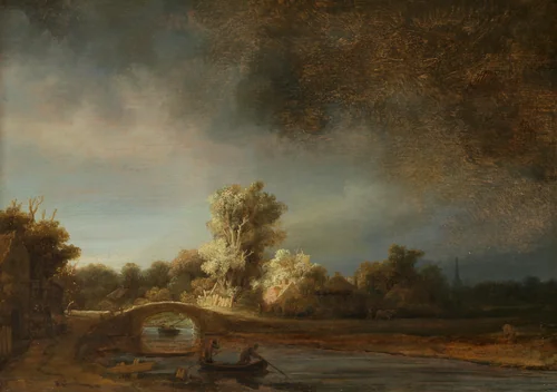 Landscape with a Stone Bridge by Rembrandt van Rijn, painting, 1638