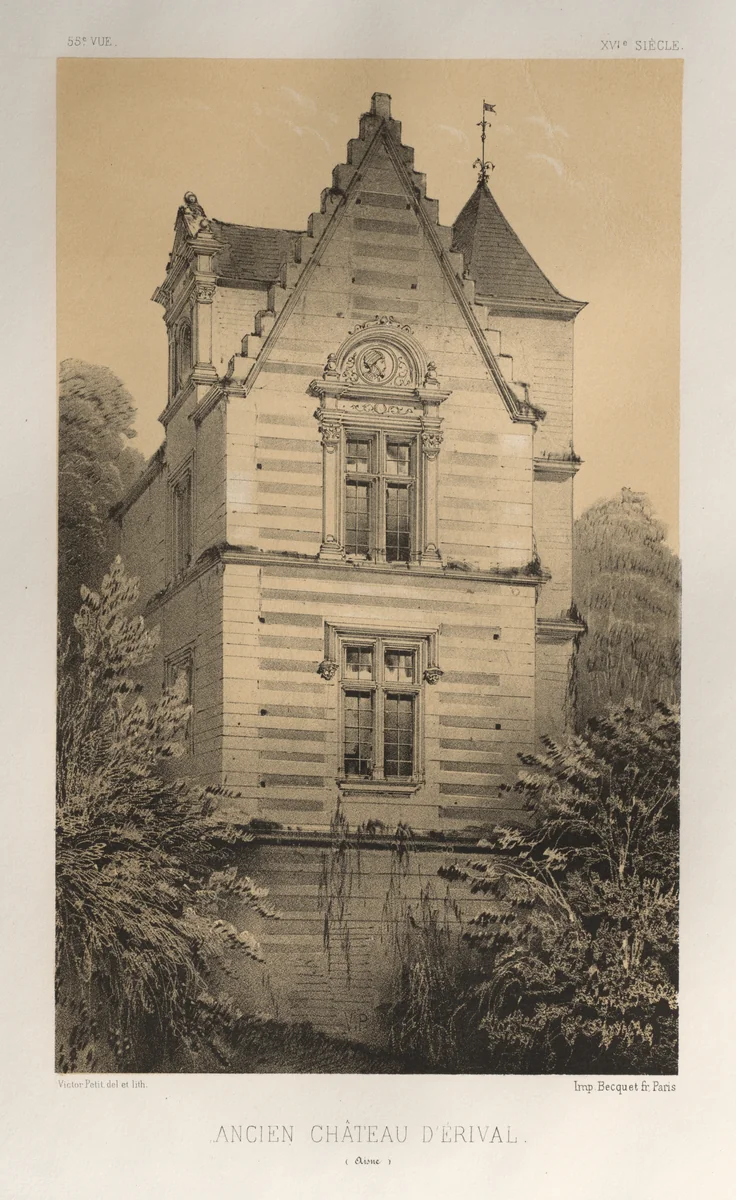 Architecture Pittoresque ou Monuments des XVeme. Et XVIeme. Siecles: Chateaux de France des XV et XVI Siecles: Pl. 55, Ancien Château D'Érival (Aisne) by Victor Petit, print, 1860