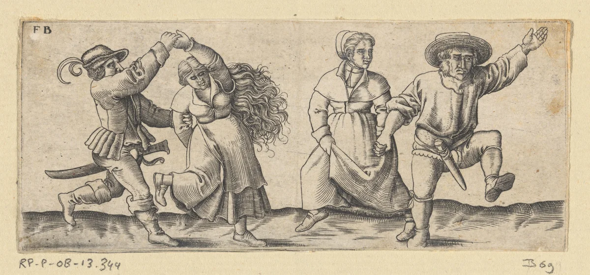 Twee dansende boerenparen by Unknown, print, 1559-1596