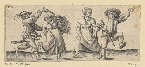 Twee dansende boerenparen by Unknown, print, 1559-1596