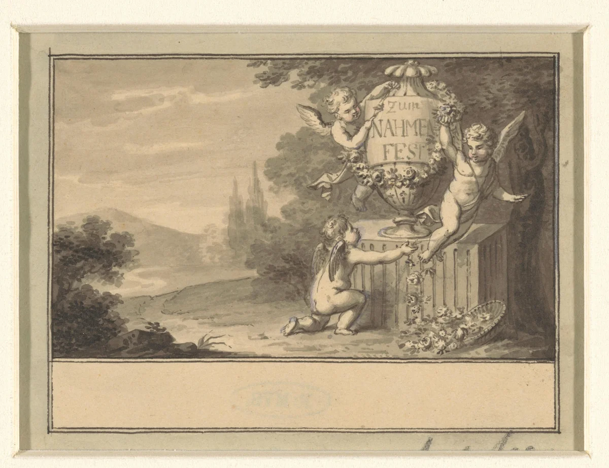 Cupido's omspelen een urn in een landschap by Sigmund Ferdinand von Perger, drawing, 1788-1841