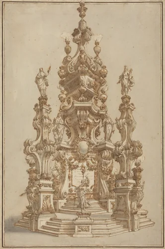 Magnificent Catafalque for a Deceased Noble by Francesco Galli Bibiena, drawing, 1659-1739