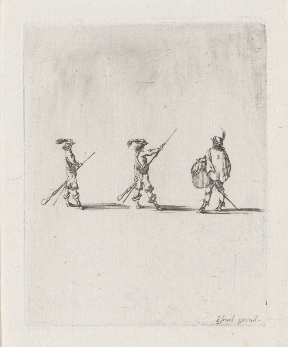 Twee soldaten en een trommelaar by Stefano della Bella, print, 1620-1664