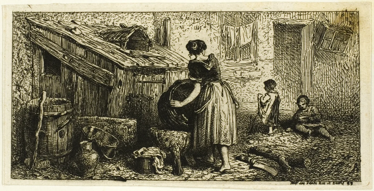 Woman Washing Pots, with Children by Charles-Émile Jacque, print, 1845