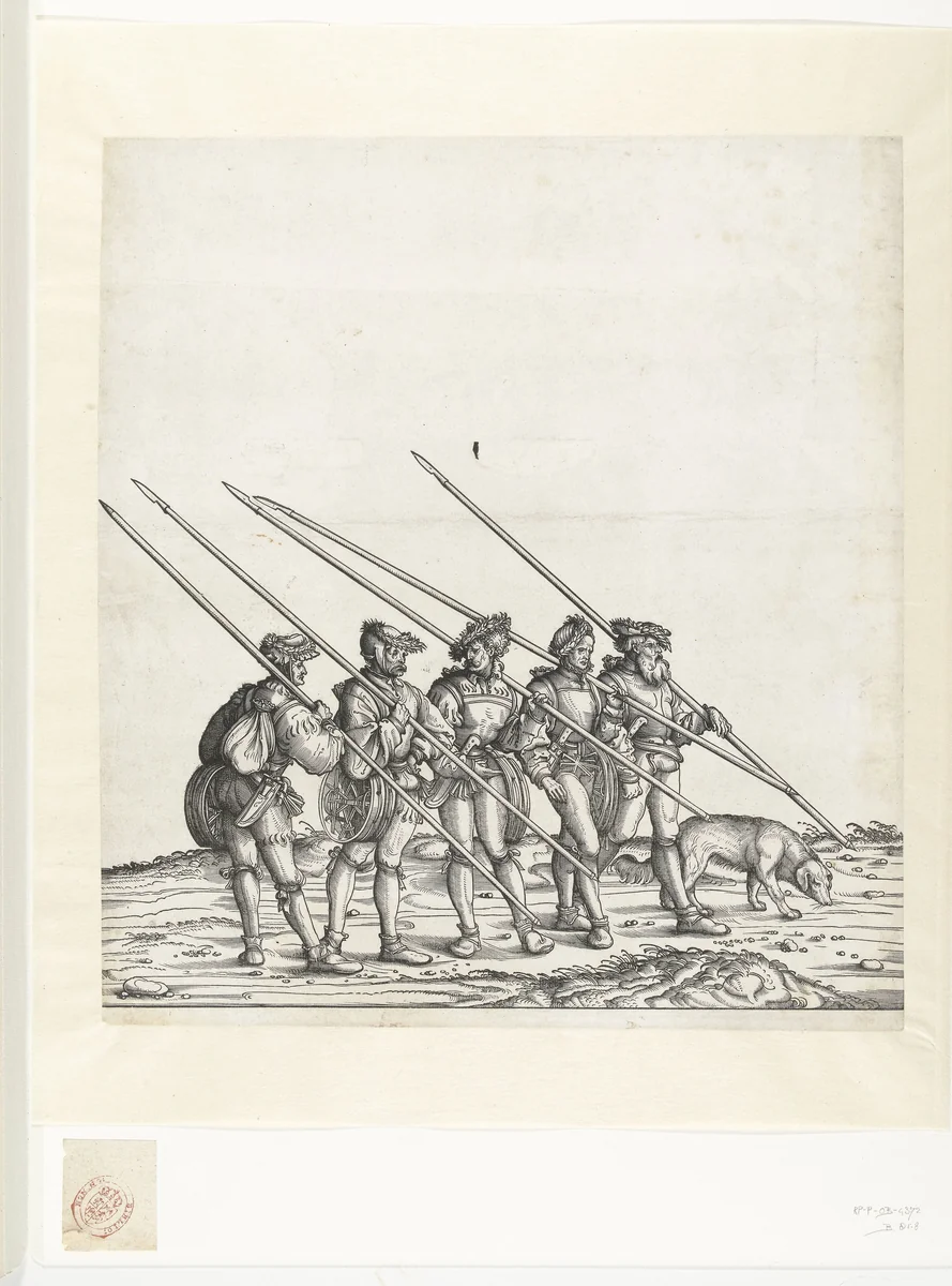 Vijf jagers en hond bij de jacht op steenbokken en gemzen by Hans Burgkmair, print, 1483-1526