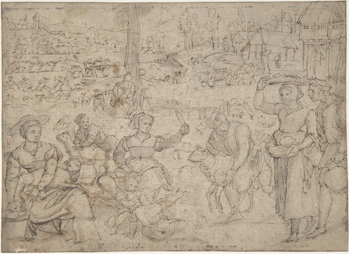 The Month of June, Shearing Sheep (recto); Couples Drinking Wine, The Month of October (verso) by Master of the Months of Lucas, drawing, 1530-1540