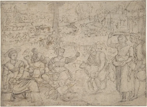 The Month of June, Shearing Sheep (recto); Couples Drinking Wine, The Month of October (verso) by Master of the Months of Lucas, drawing, 1530-1540
