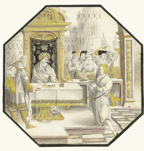 Jozef verklaart de dromen van Farao by anonymous, drawing, 1512