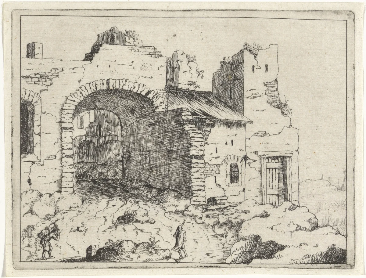 Pad naar een vervallen toegangspoort by M. Schaep, print, 1648