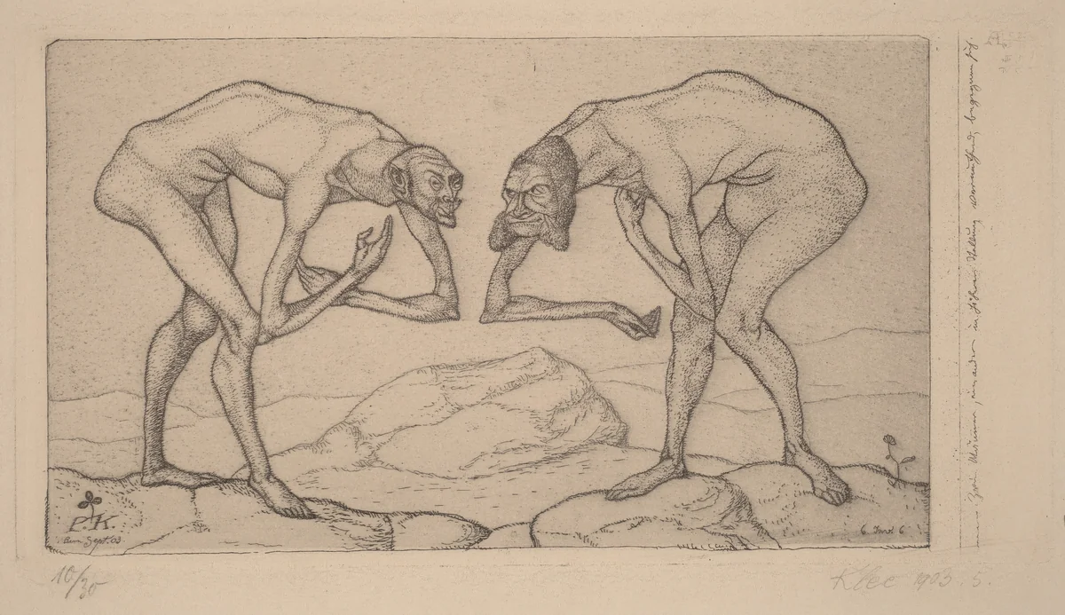Zwei Männer, einander in höherer Stellung vermutend, begegnen sich (Two Men Meet, Each Believing the Other to Be of Higher Rank by Paul Klee, print, 1903