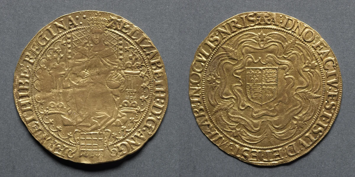 Sovereign of Thirty Shillings: Elizabeth I (obverse); Shield of Arms on Tudor Rose (reverse) by Unknown, metalwork, 1583-1603