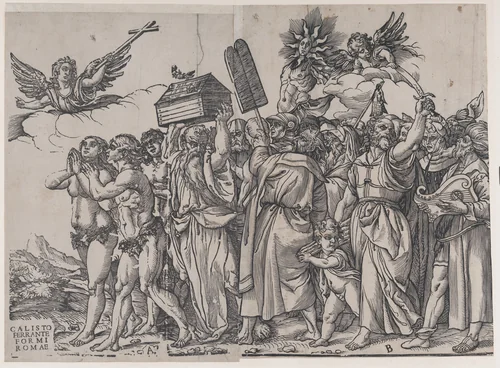 Section A: an angel holding a cross at upper left, Adam and Eve below, from "The Triumph of Christ" by Andrea Andreani, print, 1836