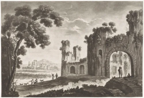Landschap met ruïnes, herders en wandelaars by anonymous, print, 1650-1800