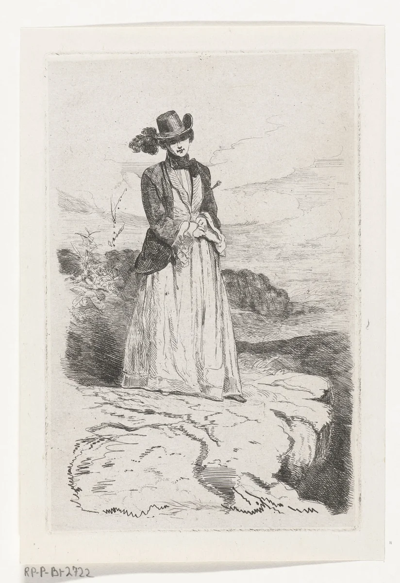 Staande vrouw met rijzweep by Karel Frederik Bombled, print, 1832-1902