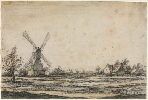 Landscape with a Windmill near a Farmstead by Aelbert Cuyp, drawing, 1642-1644