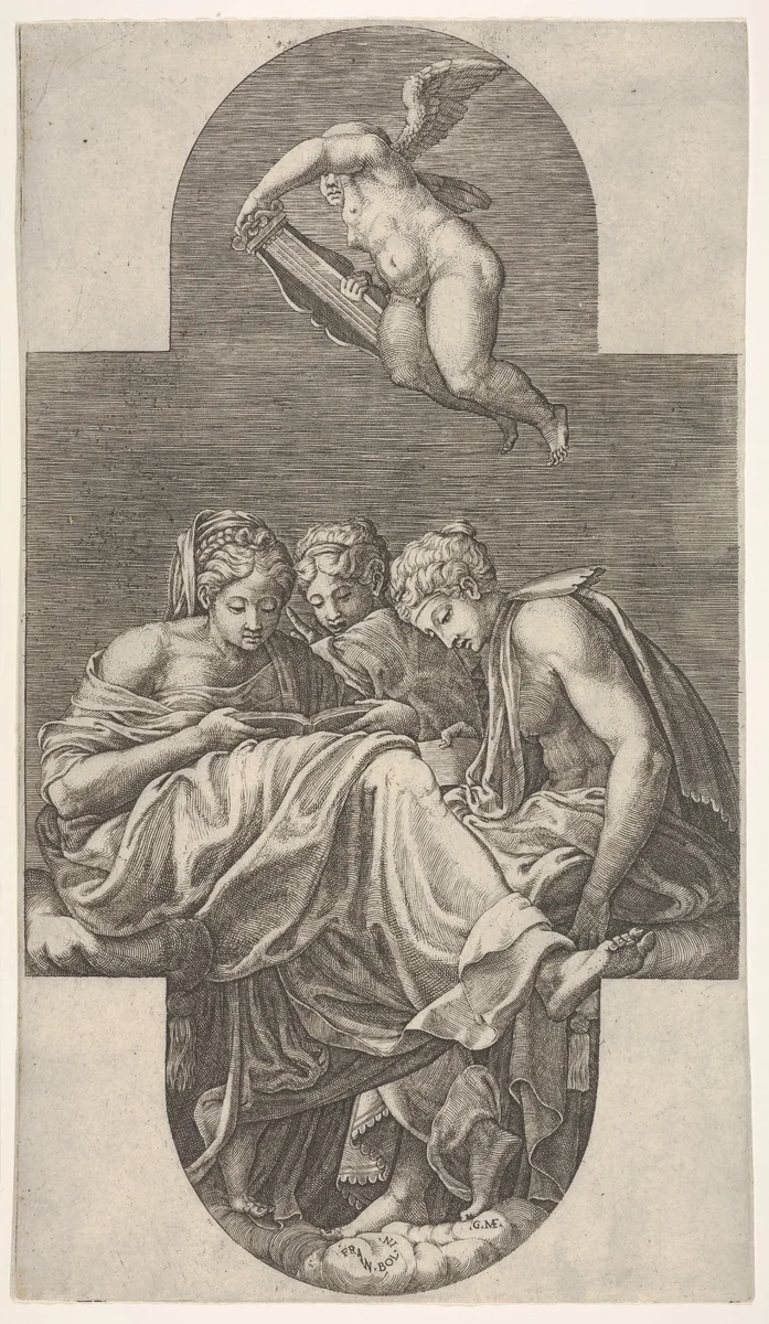 Three Muses seated below a flying putto who grasps a lyre with both hands, a cruciform composition, from a series of eight compositions after Francesco Primaticcio's designs for the ceiling of the Gallery of Ulysses (destroyed 1738-39) at Fontainebleau by Giorgio Ghisi, print, 1560-1569