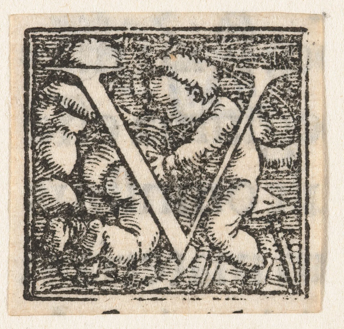Letter V met kind dat ander kind op blote billen slaat by Hans Holbein, print, 1522-1526