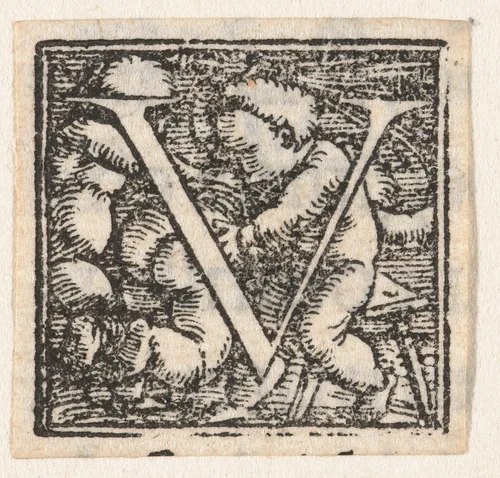 Letter V met kind dat ander kind op blote billen slaat by Hans Holbein, print, 1522-1526