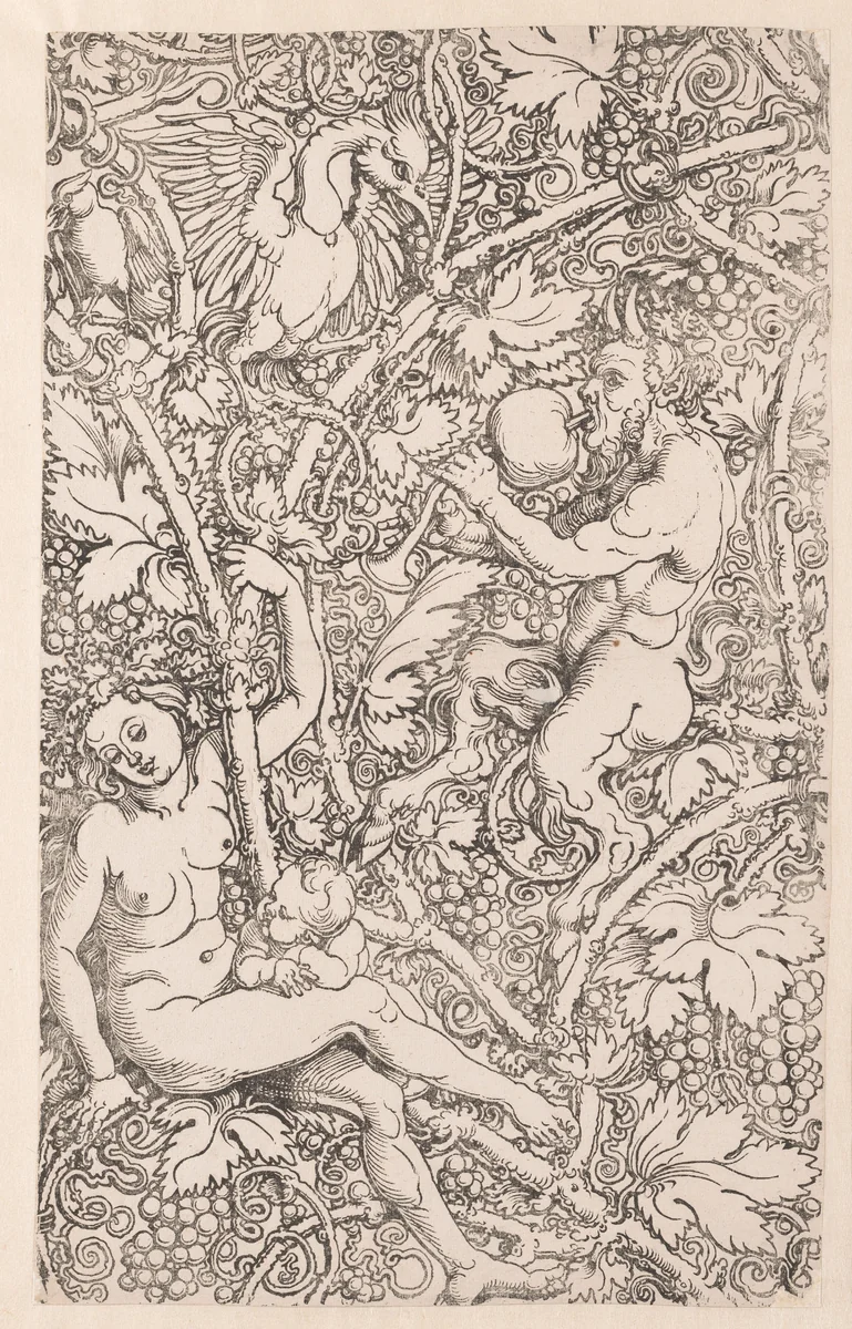 Satyrfamilie tussen wijnranken (deel 1) by anonymous, print, 1510-1550
