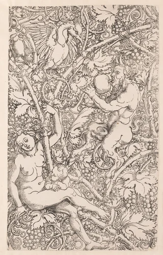 Satyrfamilie tussen wijnranken (deel 1) by anonymous, print, 1510-1550