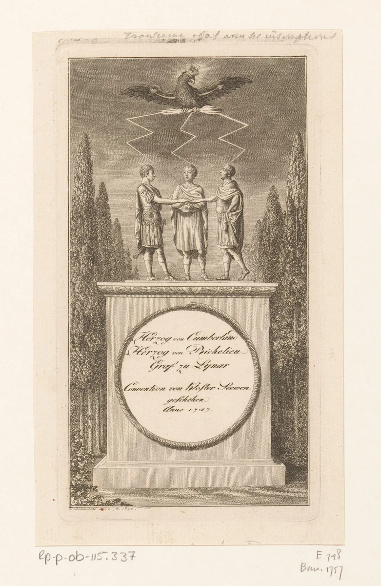 Drie ondertekenaars van de conventie van Kloster Zeven, afgebeeld als Romeinse krijgsheren met boven hen de Pruisische adelaar by Daniel Nikolaus Chodowiecki, print, 1794