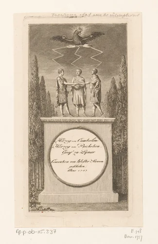 Drie ondertekenaars van de conventie van Kloster Zeven, afgebeeld als Romeinse krijgsheren met boven hen de Pruisische adelaar by Daniel Nikolaus Chodowiecki, print, 1794