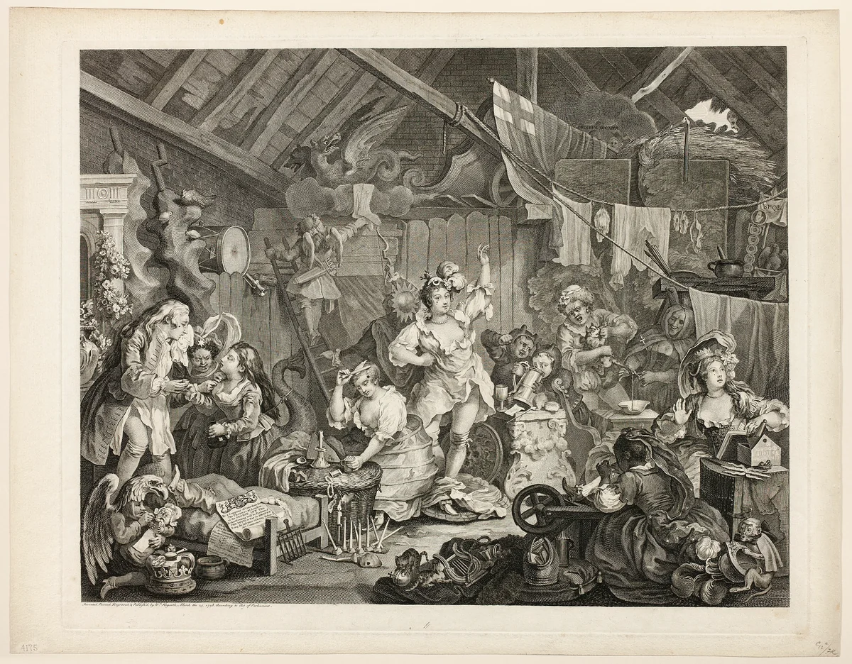 Strolling Actresses Dressing in a Barn by William Hogarth, print, 1738