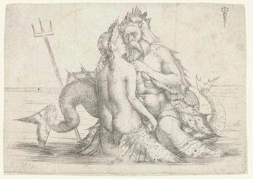 Triton en Nereïde in omhelzing by Unknown, print, 1501-1506