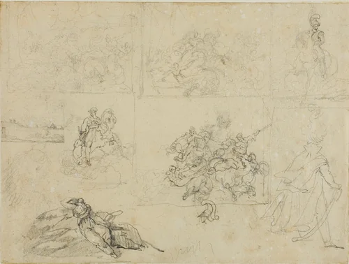 Sketches of A Cavalry Battle, Soldiers, and a Landscape by Jean Louis André Théodore Géricault, drawing, 1813-1814