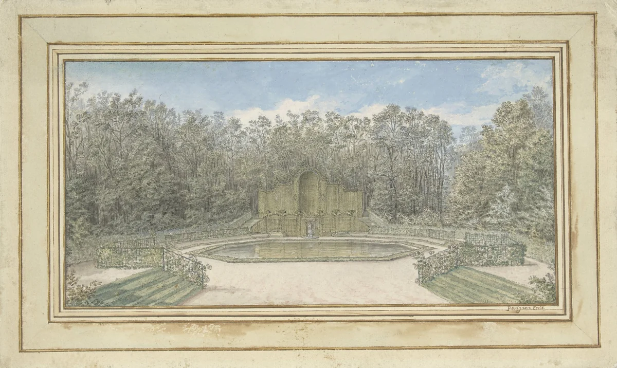 Gezicht op een prieel van latwerk in een park by Alexis Nicolas Pérignon, drawing, 1745-1749
