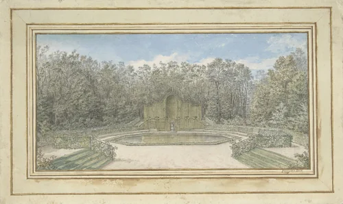 Gezicht op een prieel van latwerk in een park by Alexis Nicolas Pérignon, drawing, 1745-1749