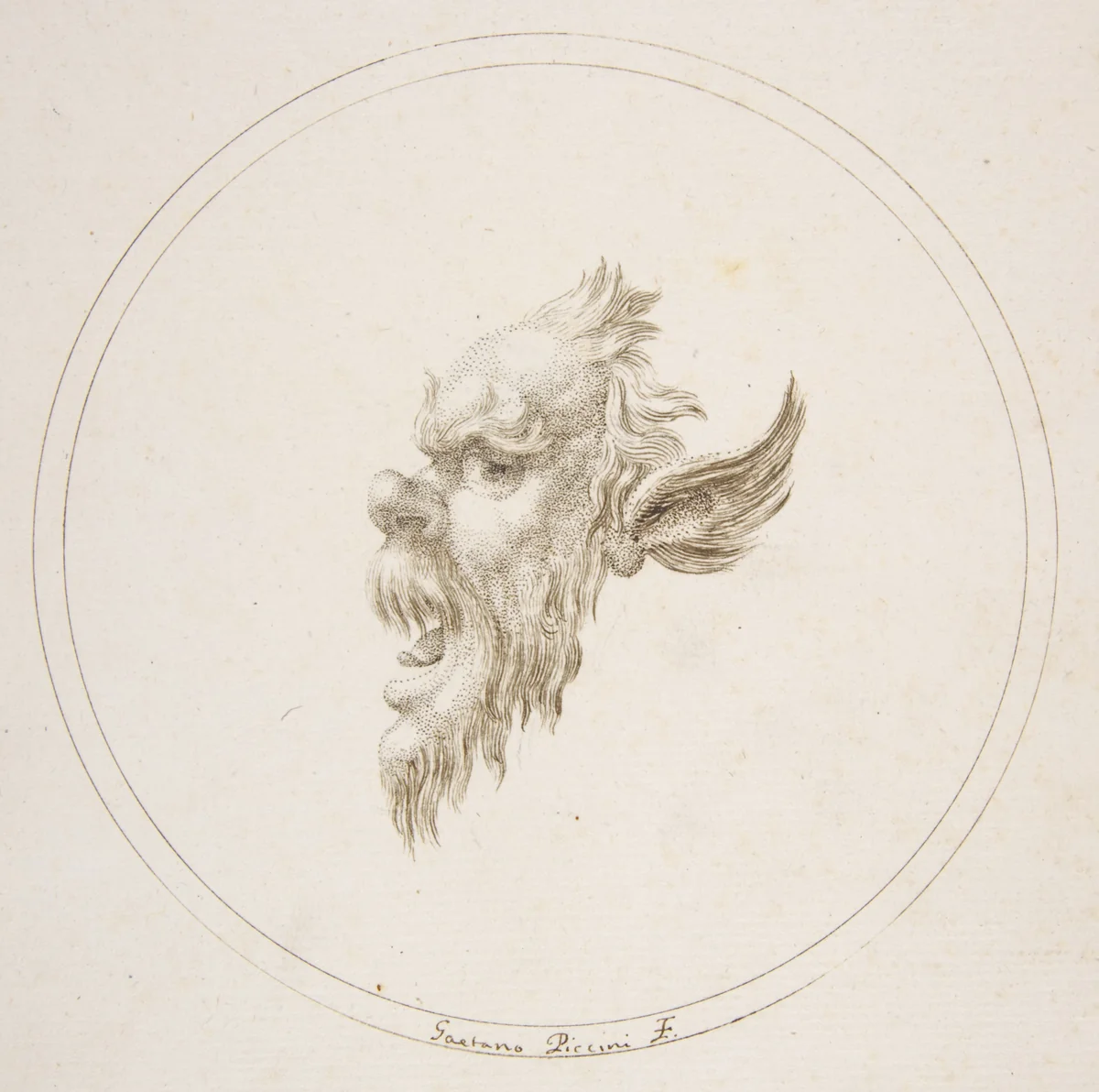 Small Grotesque Head Looking to the Left Within a Circle by Gaetano Piccini, drawing, 1727