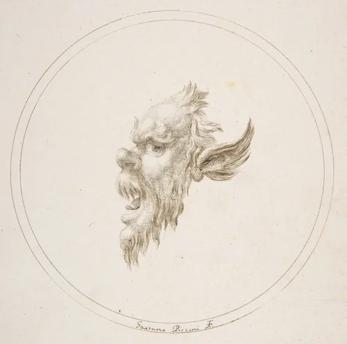 Small Grotesque Head Looking to the Left Within a Circle by Gaetano Piccini, drawing, 1727