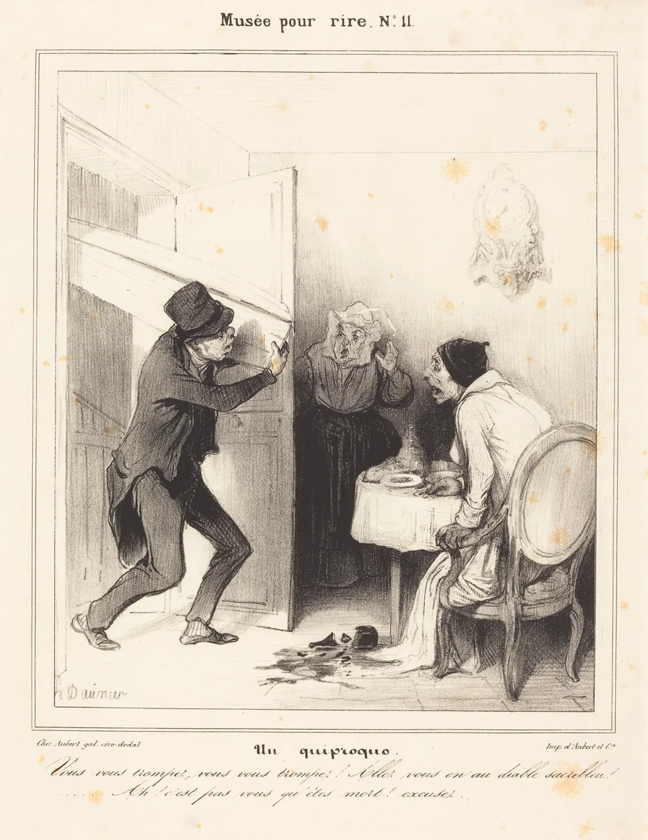 Un quiproquo - Vous vous trompez... allez... au diable... by Honoré Daumier, print, 1838