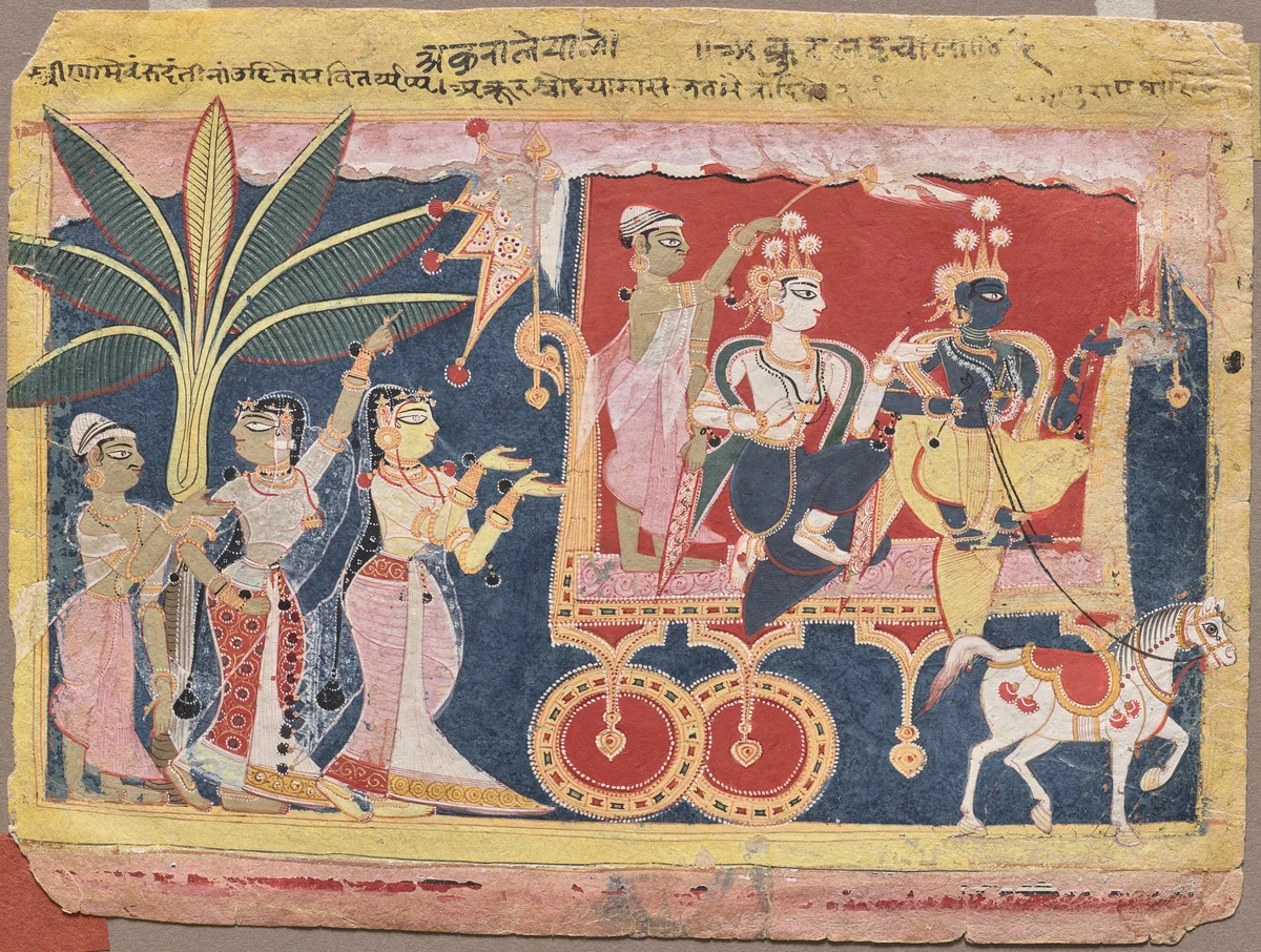 Akrura Drives Krishna and Balarama to Mathura, from the “Isarda Bhagavata Purana” by Unknown, painting, 1555-1575