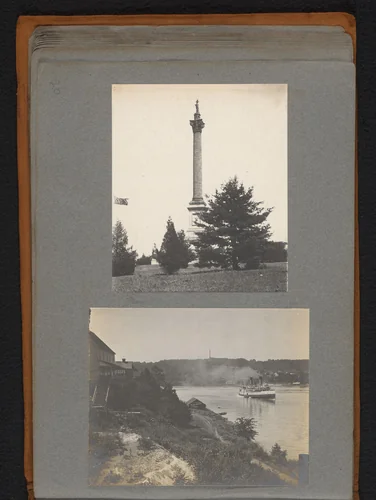 Gezicht op Brock's monument en een varende stoomboot bij de Niagarawatervallen by Jan van der Mey, book, 1902