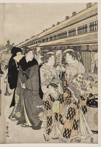 Courtesans Promenading on the Nakanochō by Utagawa Toyokuni, print, 1785-1795