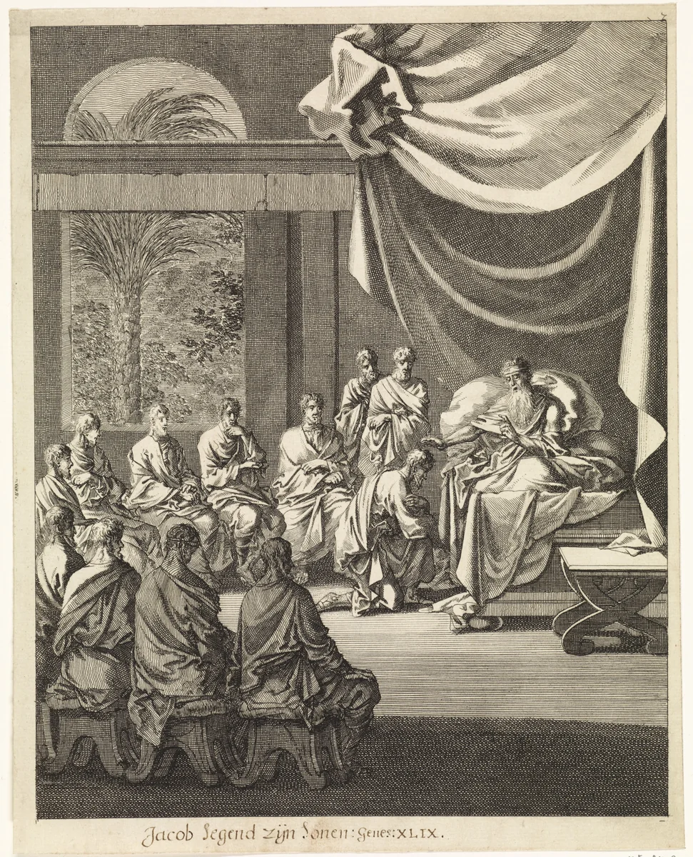 Jakob zegent zijn zonen by Jan Luyken, print, 1708