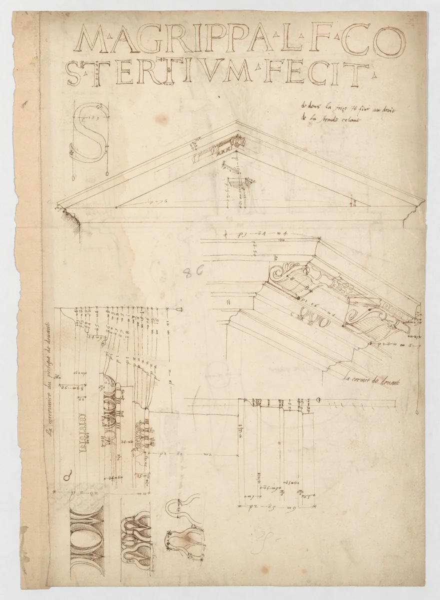 Pantheon, pediment details (recto) Pantheon, pilaster capital profile and projected elevation, column diagram, bronze door detail (verso) by anonymous, drawing, 1500-1560