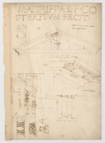 Pantheon, pediment details (recto) Pantheon, pilaster capital profile and projected elevation, column diagram, bronze door detail (verso) by anonymous, drawing, 1500-1560