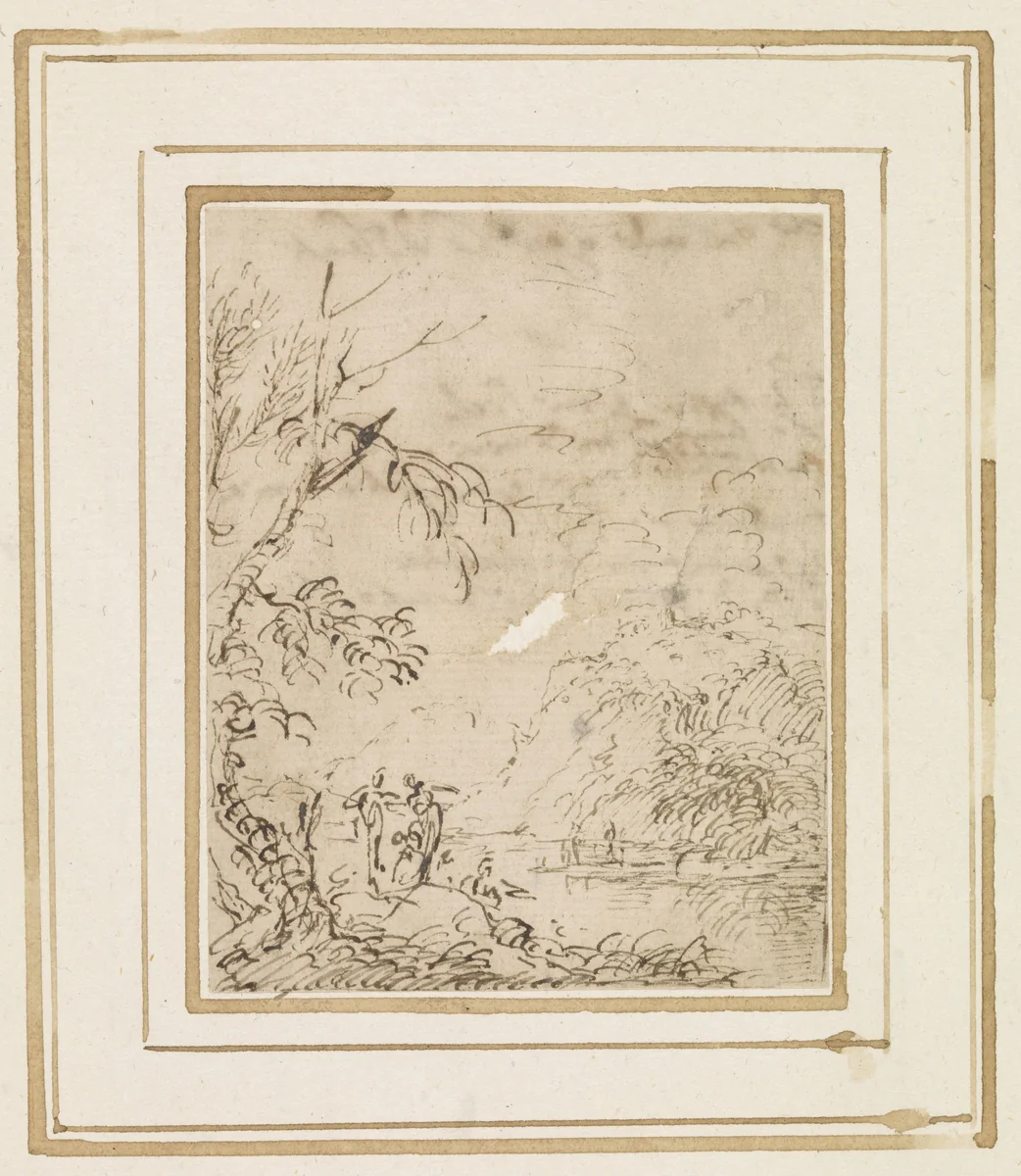 Landschap met figuren bij een vijver by Salvator Rosa, drawing, 1649-1660