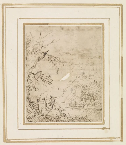 Landschap met figuren bij een vijver by Salvator Rosa, drawing, 1649-1660