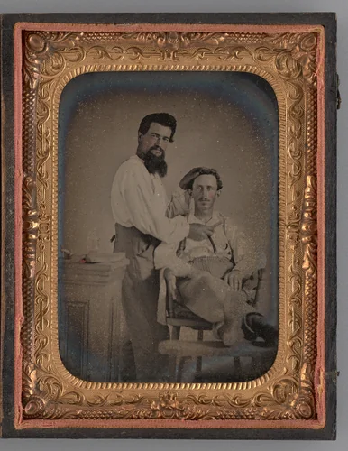 Untitled (Portrait of Two Men; a Barber and Client) by Unknown maker, other, 1863