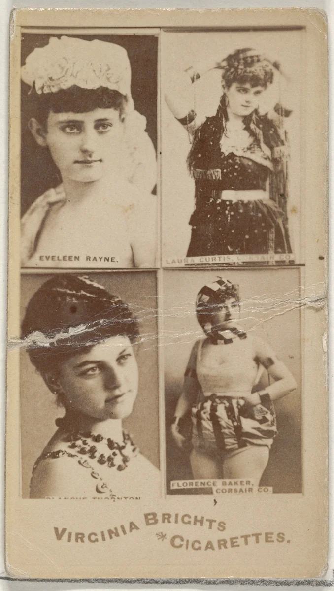 Eveleen Rayne/ Laura Curtis, Corsair Co./ Florence Baker, Corsair Co., from the Actors and Actresses series (N45, Type 4) for Virginia Brights Cigarettes by Allen & Ginter, photograph, 1885-1891