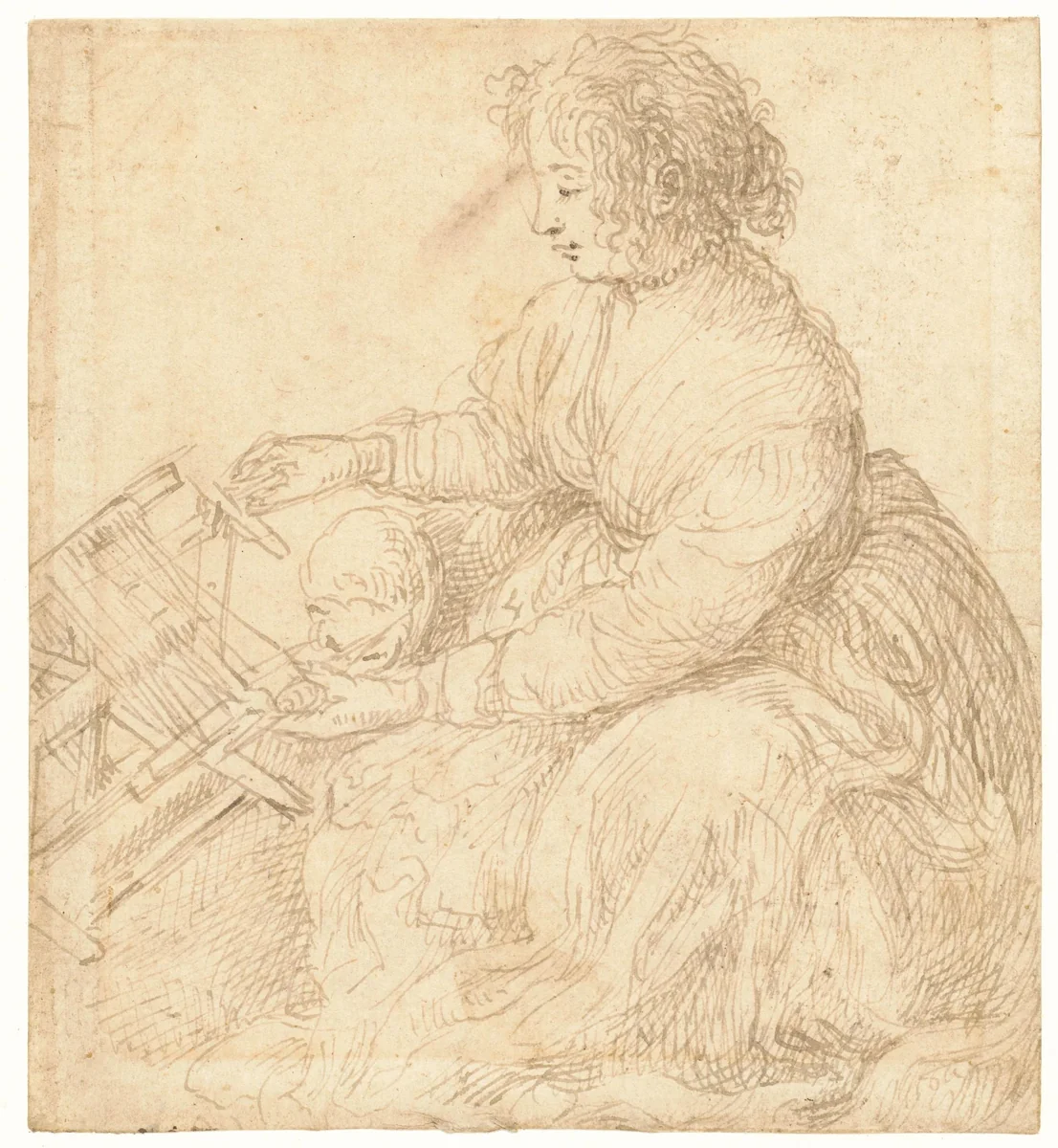 Zittende vrouw met een haspel by Dirck de Vries, drawing, 1590-1609