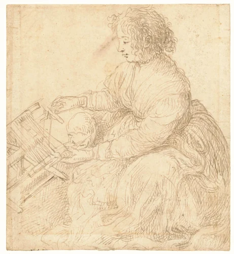 Zittende vrouw met een haspel by Dirck de Vries, drawing, 1590-1609