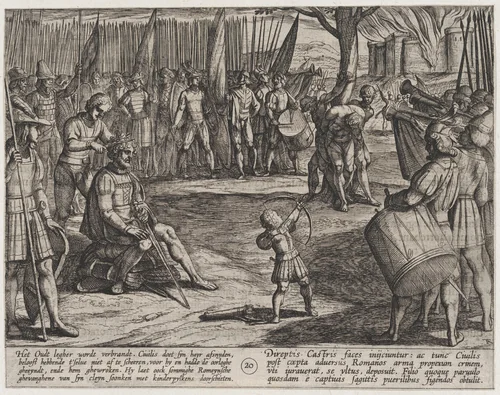 Plate 20: Civilis Having his Hair Cut, from The War of the Romans Against the Batavians (Romanorvm et Batavorvm societas) by Antonio Tempesta, print, 1611-1612